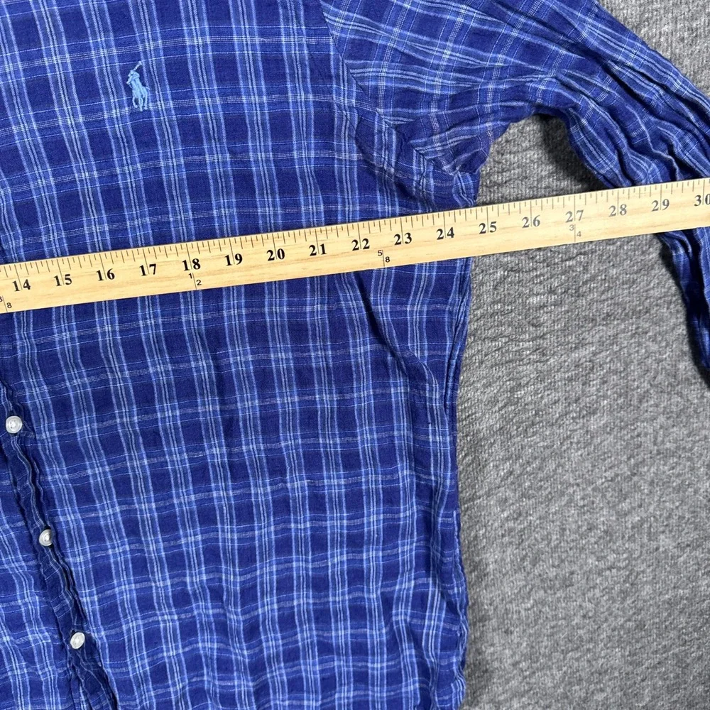 Polo Ralph Lauren Shirt Mens XL Blue Plaid Ocean Wash 100% Linen Long Sleeve